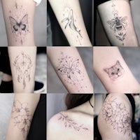 a collection of different tattoos on a woman's arm